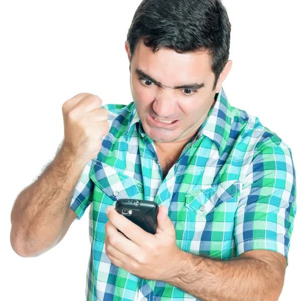 Boze man ponsen zijn mobiele telefoon — Stockfoto