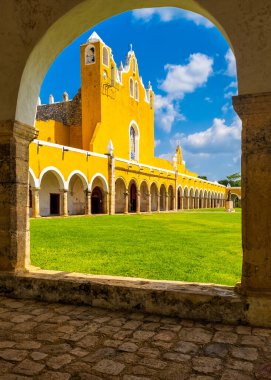 Exterior view of the old San Antonio franciscan monastery at the yellow city of Izamal in Yucatan, Mexico