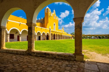 Exterior view of the old San Antonio franciscan monastery at the yellow city of Izamal in Yucatan, Mexico
