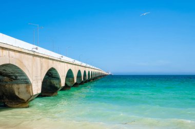 The beach and the famous pier at Progreso, a popular beach town near Merida in Mexico