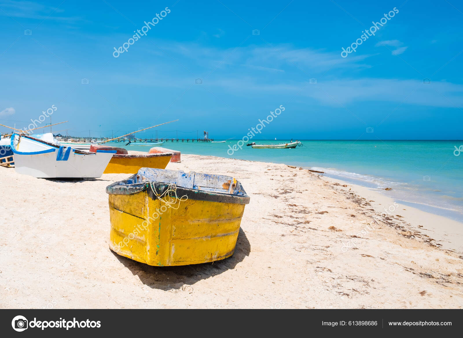 Fishing Boats Beautiful Beach Progreso Merida Mexico Stock Photo