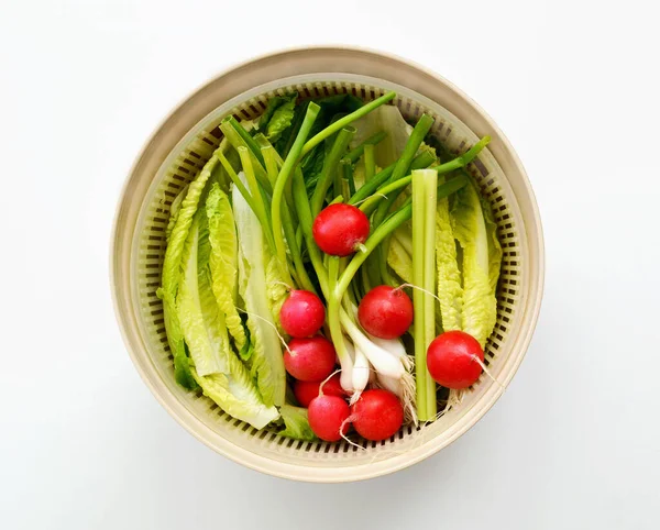 Fresh Organic Salad Ingredients Salad Spinner White Background Healthy Nutritious — Stock fotografie