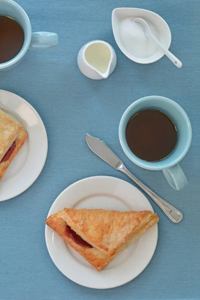 Fresh Baked Raspberry Turnovers Coffee Vertical Flat Lay Format White — Stock Photo, Image