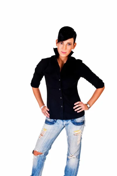 Beautiful short haired young Caucasian woman in black shirt, over white background — Stock Photo, Image