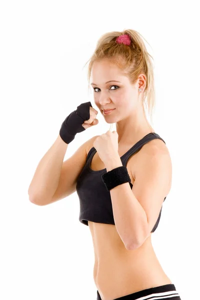 Menina caucasiana atraente praticando boxe, isolado sobre fundo branco — Fotografia de Stock