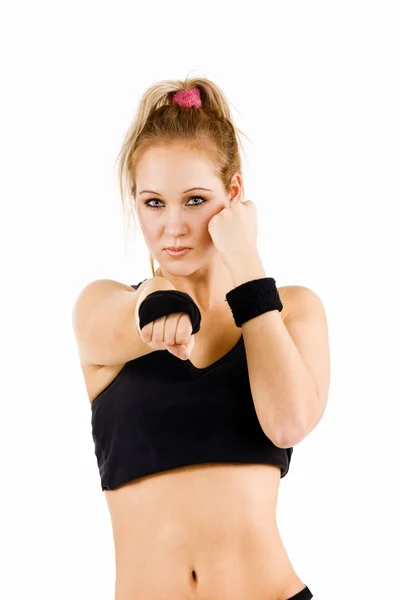 Atractiva chica caucásica practicando boxeo, aislada sobre fondo blanco — Foto de Stock