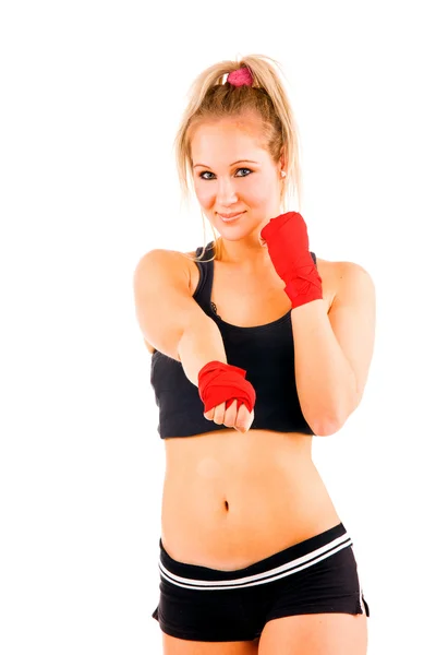 Atraktivní kavkazské holka cvičí boxu, izolovaných na bílém pozadí — Stock fotografie