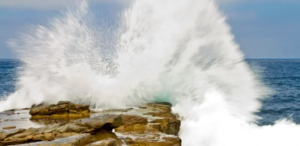 Rotsachtige kust in san diego, Californië, Verenigde Staten, lange blootstelling. beweging wazig golven raken de rotsen. — Stockfoto