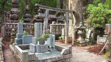 KOYASAN, JAPONYA - 29 Mart 2014 tarihinde Japonya 'nın Koyasan kentinde Koya Dağı' ndaki Okunoin Mezarlığı. Okunoin mezarlığı Japonya 'daki en kutsal yerlerden biridir ve popüler bir hac mekanıdır..