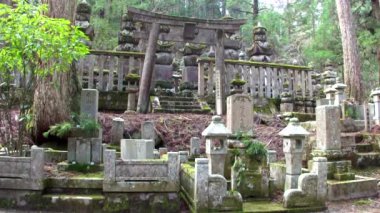 KOYASAN, JAPONYA - 29 Mart 2014 tarihinde Japonya 'nın Koyasan kentinde Koya Dağı' ndaki Okunoin Mezarlığı. Okunoin mezarlığı Japonya 'daki en kutsal yerlerden biridir ve popüler bir hac mekanıdır..
