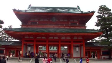 KYOTO, JAPAN - March 27, 2014: The main gate of the Heian-jingu Shrine on March 27, 2014. It is a restored imperial palace from the Heian period, listed as an important cultural property of Japan.