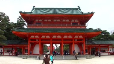 KYOTO, JAPAN - March 27, 2014: The main gate of the Heian-jingu Shrine on March 27, 2014. It is a restored imperial palace from the Heian period, listed as an important cultural property of Japan.