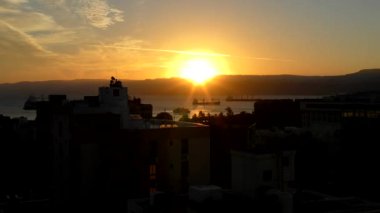 Sunset over the Gulf of Aqaba (part of the Red Sea) at Aqaba, Jordan