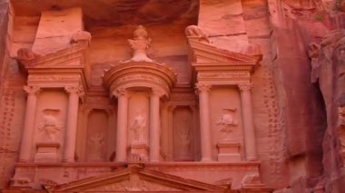 PETRA, JORDAN CIRCA 2016 - Low angle view of the facade of the Treasury building in the ancient Nabatean ruins of Petra, Jordan.