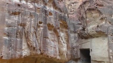 PETRA, JORDAN CIRCA 2016 - Low angle view of the facade of the Treasury building in the ancient Nabatean ruins of Petra, Jordan.
