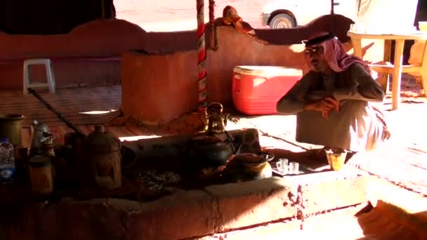 Arabian Man Traditional Clothes Sitting Tent Wadi Rum Desert Hashemite — Wideo stockowe