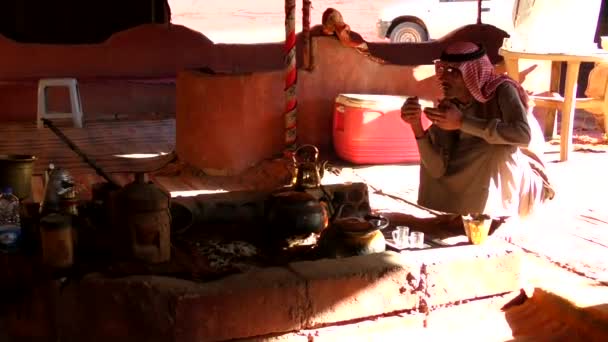 Arabian Man Traditional Clothes Sitting Tent Wadi Rum Desert Hashemite — Stockvideo