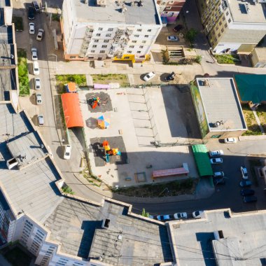 Aerial view of the buildings and streets of Ulaanbaatar, the capital of Mongolia, circa June 2021
