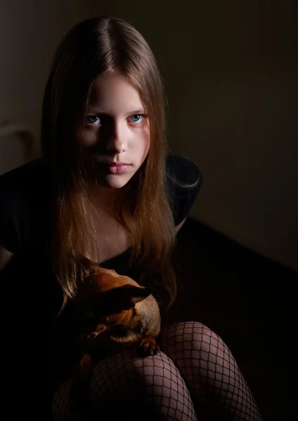 Porträt eines Teenie-Mädchens mit Hund — Stockfoto