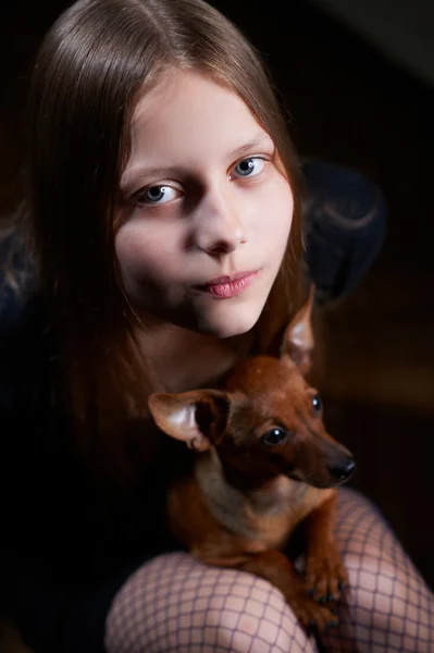 Portrait of a teen girl with dog — Stock Photo, Image
