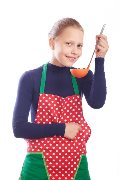 Hermosa adolescente cocinero aislado en blanco — Foto de Stock