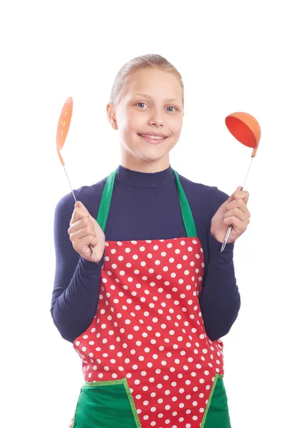 Hermosa adolescente cocinero aislado en blanco — Foto de Stock