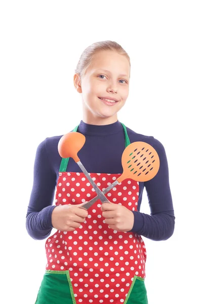 Hermosa adolescente cocinero aislado en blanco — Foto de Stock