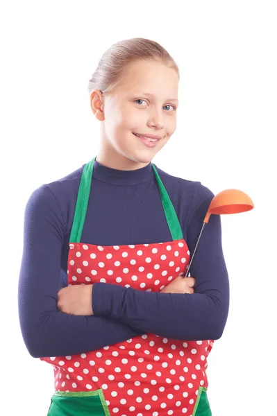 Hermosa adolescente cocinero aislado en blanco — Foto de Stock