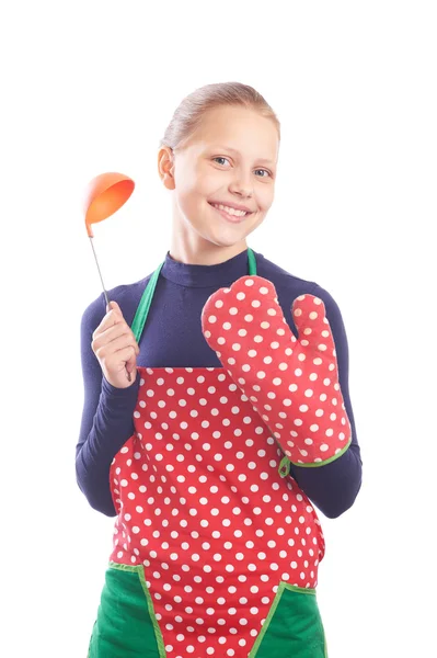 Hermosa adolescente cocinero aislado en blanco — Foto de Stock