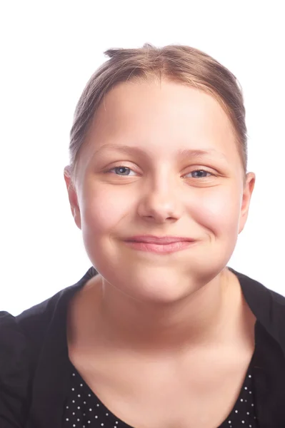 Teen girl making funny faces on white background — Stock Photo, Image