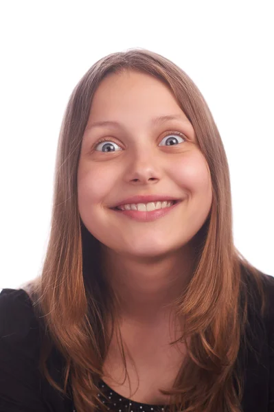 Teen flicka gör roliga grimaser på vit bakgrund — Stockfoto