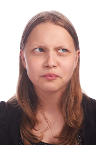 Adolescente chica haciendo divertido caras en blanco fondo — Foto de Stock