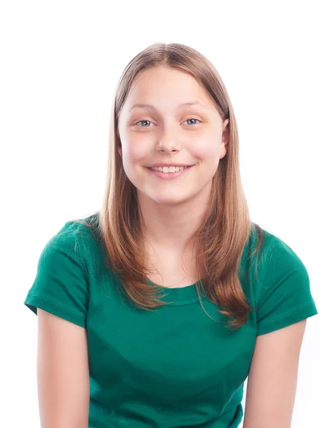 Tiener meisje maken grappige gezichten op witte achtergrond — Stockfoto