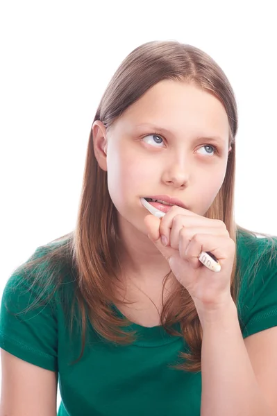 Triste menina adolescente com escova de dentes — Fotografia de Stock