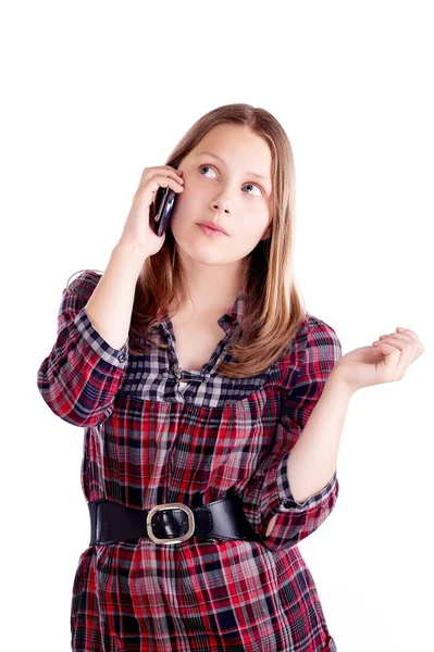 Šťastné teen holka mluví na mobilním telefonu — Stock fotografie