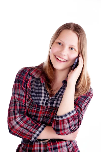 Chica adolescente riendo y hablando por teléfono —  Fotos de Stock