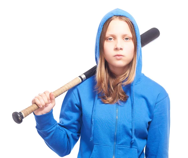 Irritado adolescente menina no capuz com baseball-bat — Fotografia de Stock