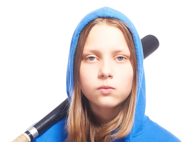 Angry teen girl in hood with baseball-bat — Stock Photo, Image