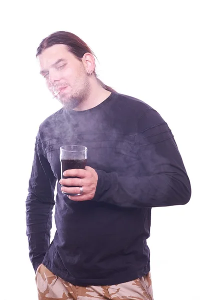 Dude with beer glass smoking — Stock Photo, Image