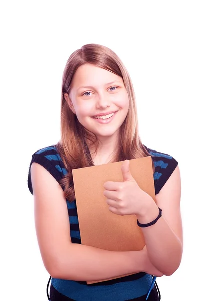 Έφηβος κορίτσι κρατώντας πινέλο και χαρτί και χειρονομίες — Φωτογραφία Αρχείου