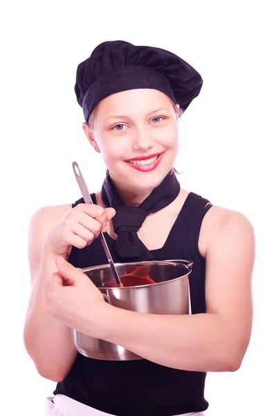 Tiener meisje met pan en pollepel — Stockfoto