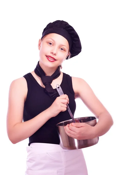 Tiener meisje met pan en pollepel — Stockfoto