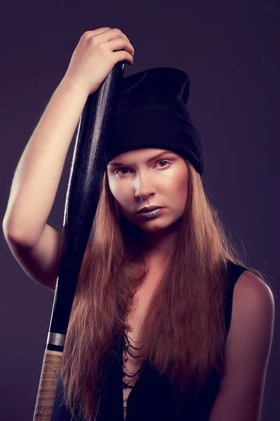 Hot woman bandit with baseball bat — Stock Photo, Image
