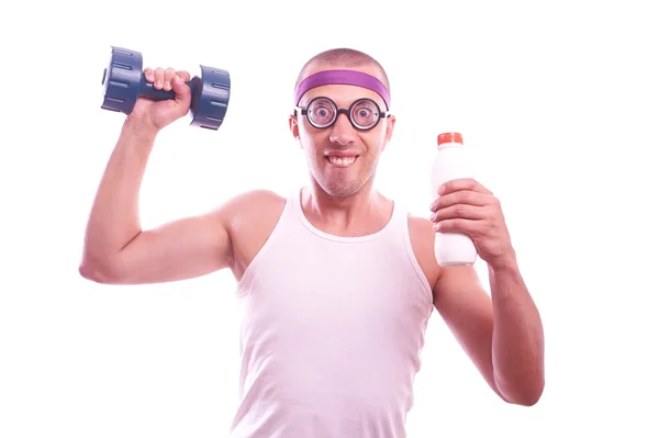 Nerd guy with dumbbell and bottle — Stock Photo, Image
