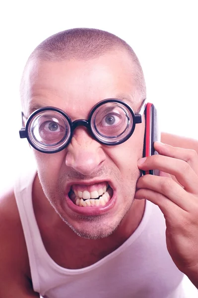Boos nerd praten op een mobiele telefoon — Stockfoto