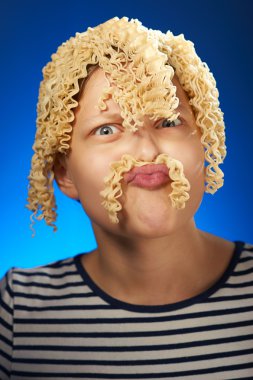 Funny teen girl with macaroni instead hair clipart