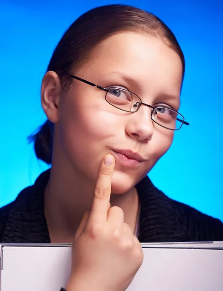 Young businesswoman in eyeglasses holds folder and smiling — Stock Photo, Image