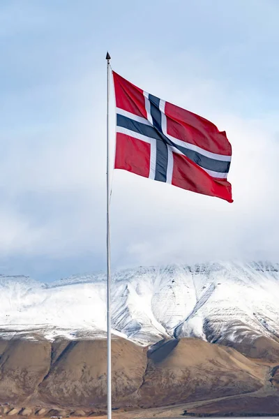 Norveç Ulusal Bayrağı Svalbard Rüzgarda Dalgalanıyor — Stok fotoğraf