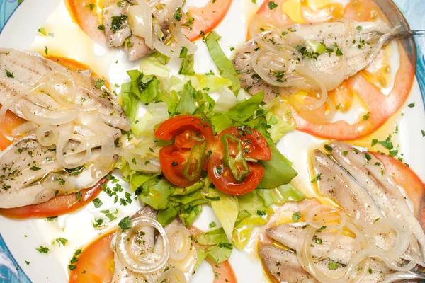 Anchovy salad with tomato and union. — Stock Photo, Image