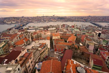 istanbul galata Kulesi, Türkiye üzerinden günbatımı.